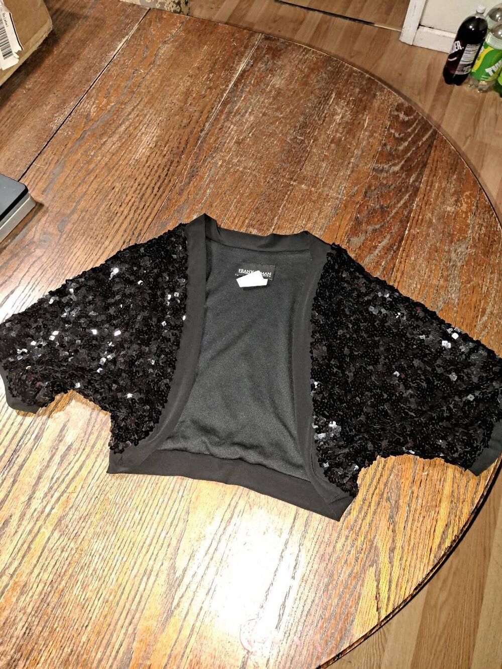 Size 12 Frank Lyman Design Black Sequin Batwing Sleeve Cropped Open Front Jacket